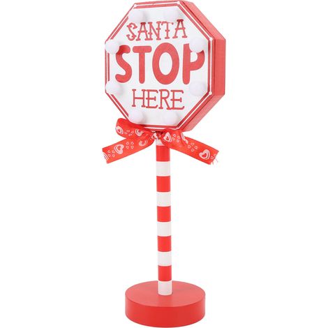 Panneau Signalisation Arrêt Père Noël en Bois Composite Déco Table Noël avec Lumière LED Chaude 258g Cadeau 1 pièce (1/5)