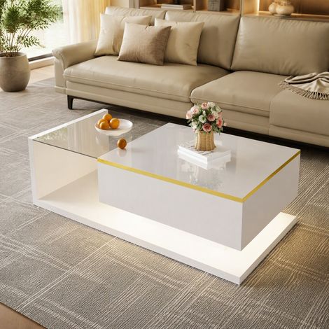 Mesa de centro blanca brillante de 100 cm con tablero de vidrio templado, LED 16 colores HAVRYA (1/5)
