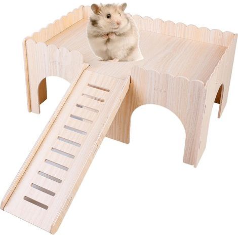 maison pour cochon d'Inde avec rampe 4 entrées, accessoire en bois pour rongeurs, hamster, lapin, 38 x 25 x 18 cm-NANOTEH (1/5)