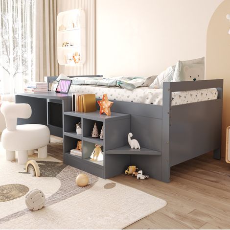 MEUBLIV Letto 90x200 cm grigio con scrivania, contenitori e porte USB, senza materasso (1/5)