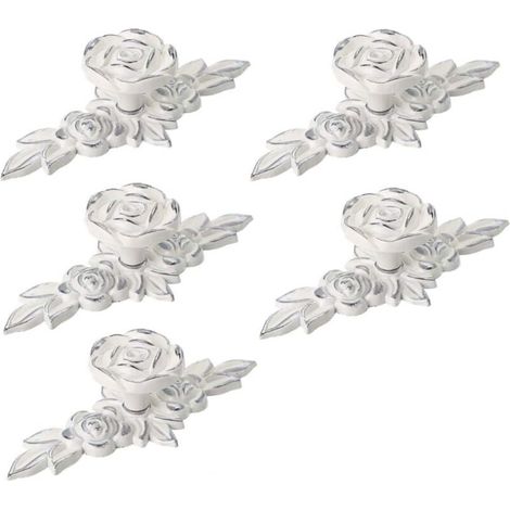 Lntyq Lot de 5 boutons de placard décoratifs Euro Rose avec plaque, boutons de tiroir ivoire floral, boutons de porte de placard, poignées de tiroir blanc ivoire