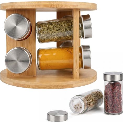 Relaxdays Spice Carousel, 8 spice jars, 360° rotating stand, H x D: 15 x 19 cm, bamboo, natural (1/5)