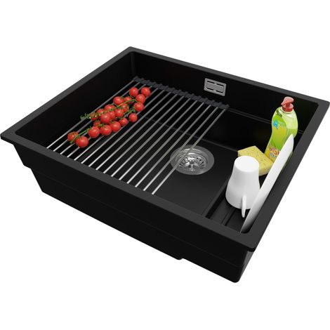 PRIMAGRAN Evier Cuisine en Granit 56x47cm, Lavabo 1 bac + Kit de Vidage + Égouttoir Enroulable, Évier à Encastrer au meuble 60cm - Prague Slim, Noir (1/5)
