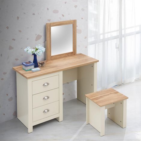 Modern Dressing Table Set With Stool & Mirror Cream Frame Oak Top 3 Drawers (1/5)