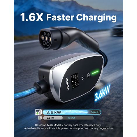 Chargeur Voiture Électrique 3,6 kW Borne Recharge Véhicule Électrique Mobile 16 A avec Câble Recharge Type 2 6 m, Prise Schuko 16 A Monophasé, Écran LCD, Courant Réglable, Boîtier Commande IP66 (1/5)