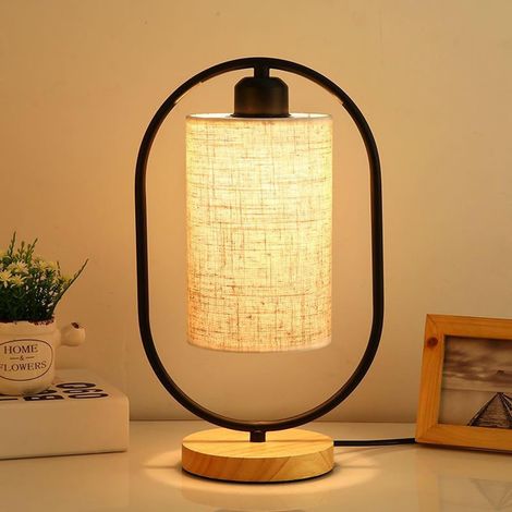 Lampe de table moderne avec interrupteur, abat - jour en lin lampe de table en métal table de nuit en bois lampe de nuit pour salon, bureau, chambre à coucher (Noir)