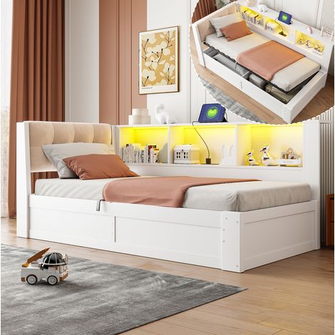 Cama nido 90x200 cm blanca con almacenaje hidráulico, USB, LED y estante lateral (1/5)