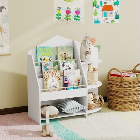 Libreria per bambini a 7 scomparti per libri e giochi, bordi arrotondati, bianca DESVIAE (1/5)