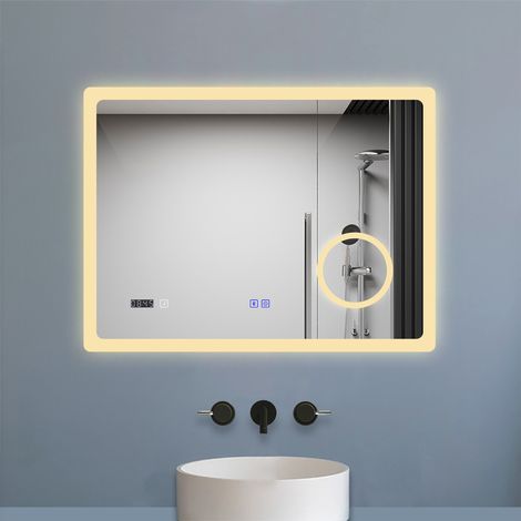 LED Badezimmer Spiegel mit Bluetooth Uhr 3-fache Vergrößerung Beschlagfrei Badspiegel mit Speicherfunktion Warm/Neutral/Kaltweiß Dimmbar CE IP44 80x60cm (1/5)