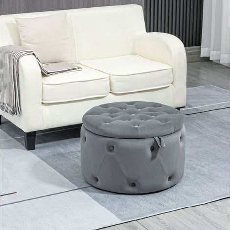 Taburete de almacenaje redondo con tapa, efecto terciopelo gris, Ø60 x H40 cm DESVIAE (1/5)
