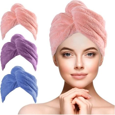Serviette Cheveux, 3pcs Cheveux Séchage Serviettes, Super Serviette Microfibre Cheveux pour Cheveux Turban avec Bouton de Design (1/4)