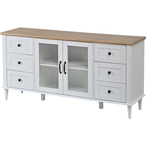 Buffet avec 6 tiroirs, 2 portes en acrylique et éclairage LED 150x40x75 cm blanc et bois (1/5)