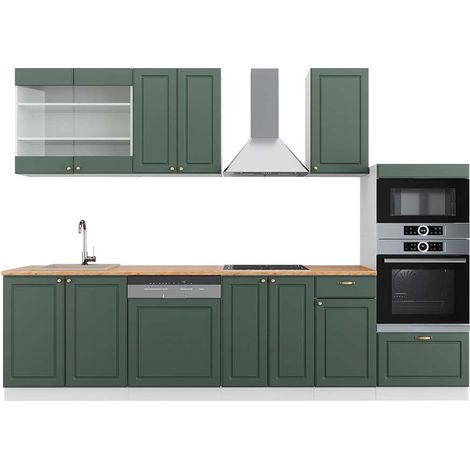 Mueble de cocina Fame-Line, Verde-Dorado Casa de campo/Blanco, 300 cm con armario alto, ET Roble, Vicco (1/5)