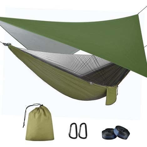 Hamac de Camping avec Moustiquaire et Tarp Imperméable 310x310cm - Charge 200kg - Nylon Respirant pour Jardin, Randonnée et Voyage - Vert (1/5)