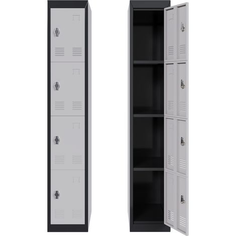 Armoire vestiaire métallique 183 cm, 4 portes verrouillables avec clés - Étagères réglables, ventilation - Acier robuste anticorrosion, pour bureau/école/gym/garage - Gris clair/Noir (1/5)