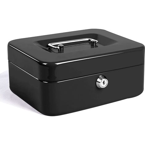 Caisse avec Serrure à clé, Tirelire portative en métal à Double Couche et 2 clés pour la sécurité 20 16 9cm (XL, Noir) (1/5)