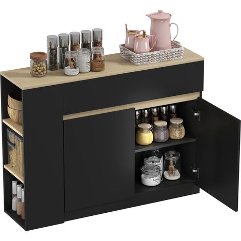 Buffet de cuisine, meuble de cuisine avec 2 tiroirs, 3 étagères ouvertes, 2 portes, étagère réglable, 110 x 29,5 x 82 cm, noir (1/5)