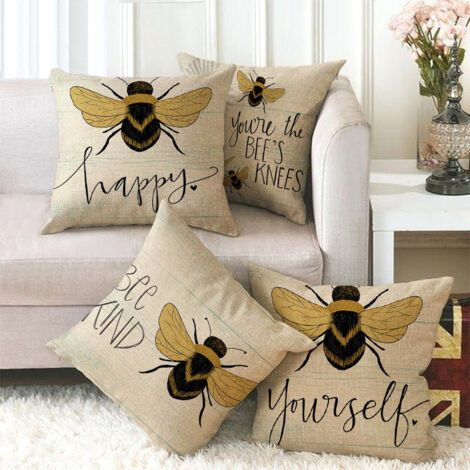 Lot de 4 housses de coussin d'extérieur imperméables en forme d'abeille jaune - Décoration d'intérieur pour canapé, carré, en lin, pour l'extérieur, le bureau, 45 x 45 cm (1/5)