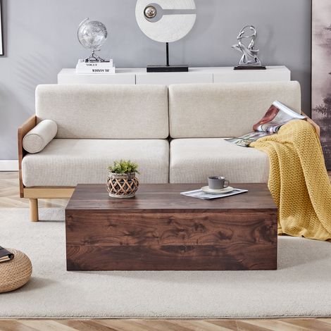 Table basse rectangulaire effet bois noyer, 90 x 50 x 30 cm, matériau MDF, sans montage, pieds antidérapants, adaptée style moderne luxe (1/5)