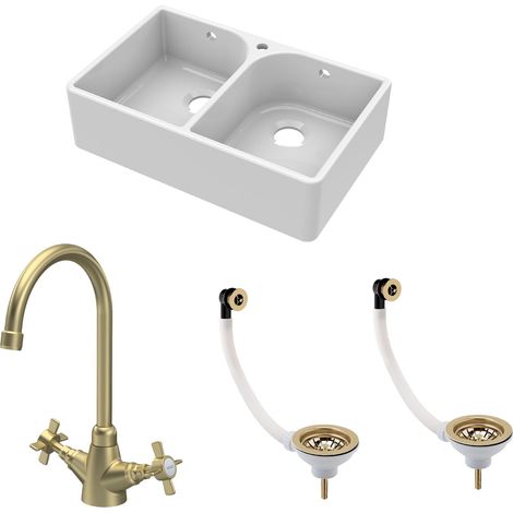 Fireclay Kitchen Bundle -  2 Bowl Full Weir 1 Tap Hole Butler Sink with Wastes & Mono Tap - 795mm - Brushed Brass