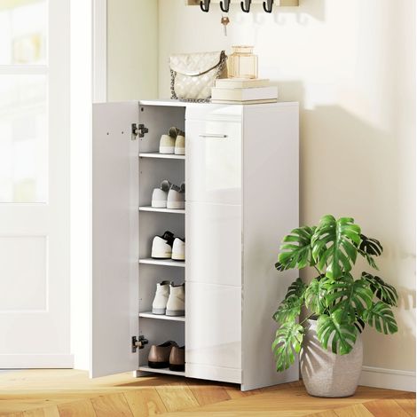 Zapatero 55x36x108 cm blanco brillo en madera con estantes ajustables y puertas (1/2)