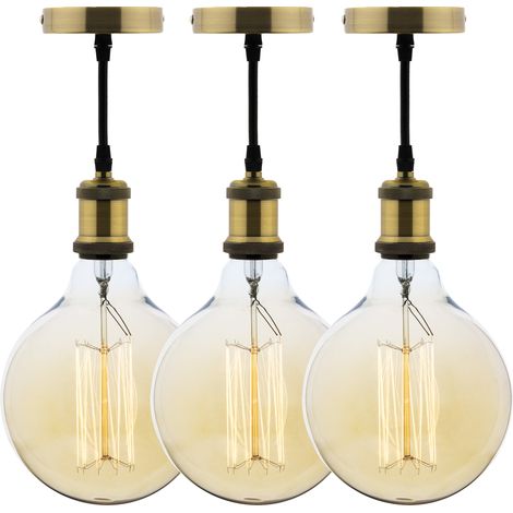 Lot de 3 kits de suspension vintage avec câble textile et ampoules filament carbone Grand globe