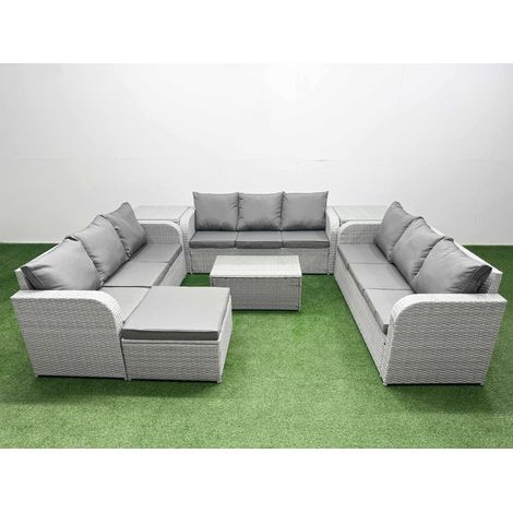 Fimous PE Rattan Lounge Sofa Set 10 Seater Outdoor Garden Furniture Set with Rectangular Coffee Table 3 Seater Sofa Big Footstool 2 Side Table Light Grey (1/5)