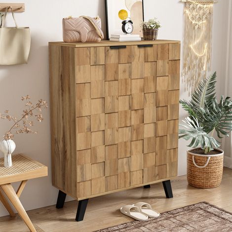 Zapatero diseño geométrico puertas texturizadas rápido acceso tablero de partículas 80.5x35x109.5 cm color natural