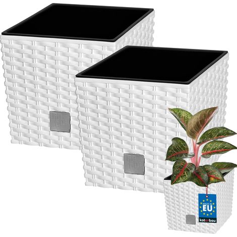 KOTARBAU® Kotarbau® Pot de Fleur Exterieur 20 x 20 cm - avec Insert Intérieur Lot de 2 - Pot Plastique Plante 6,8 L - Pot de Fleur Carré - Aspect Rotin - Blanc (1/5)
