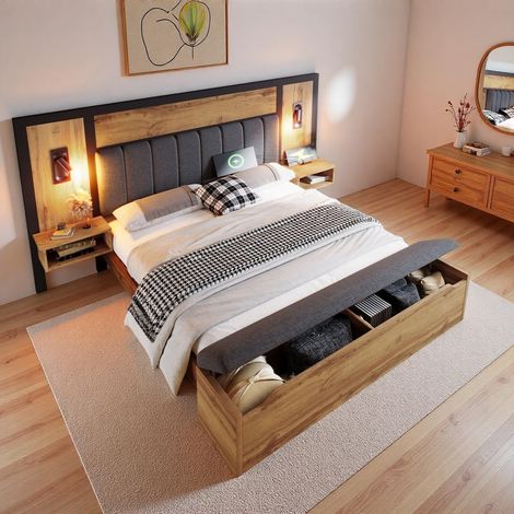 Lit Double en Bois avec Lampe de Lecture,USB&Type-C,Table de Chevet,Banquette avec rangements,lit Coffre 160 x 200,Cadre de lit 160 x 200 avec sommier,chêne (1/5)