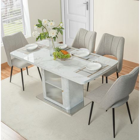 Mesa de comedor extensible 120/160 cm blanca con almacenaje y tapa efecto mármol (1/5)