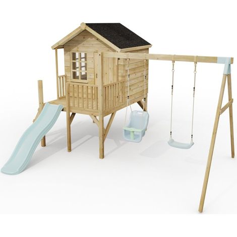 ClassicPlay Premium 5ft Playhouse on Deck with Double Swing and Slide Ice Blue (1/5)