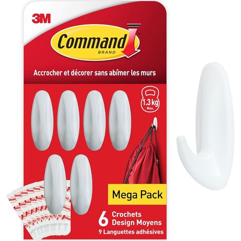 Crochets Design Moyen, Modèle Blanc - Lot de 6 Crochets et 9 Languettes Moyennes - Pour Accrocher et Décorer Sans Abîmer (1/5)