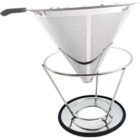 GENERIC- Filtre à Café Permanent en Inox sans Papier avec Tube Brosse de Nettoyage,Goutteur de Café Cône Réutilisable avec Double Maille en Inox et Anse en Silicone pour 1-4 Tasses (1/5)