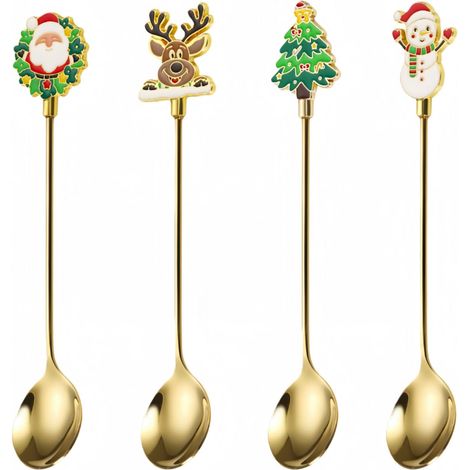 Cuillères à café de Noël en acier inoxydable, lot de 4, 14,8 cm. Décoration de Noël, d'intérieur et de cuisine. (1/4)