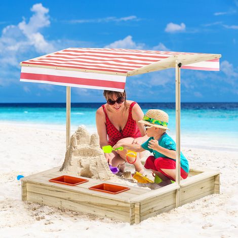 Outsunny Bac à Sable Bois carré dim. 1,18L x 1,18l x 1,18H m - Hauteur, Inclinaison Toit réglables, refermable - 2 bacs - Bois Sapin Autoclave