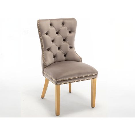 Lot 2 Chaises Salle à Manger Poignée Rectangulaire Cloutées Velours Moka Pieds Gold 54x51x102cm (1/5)