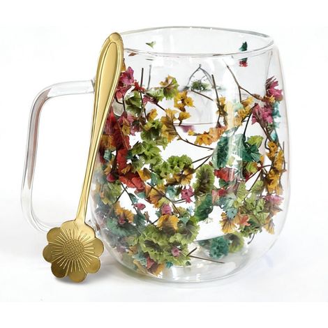 Verre double paroi avec fleurs séchées et cuillère, 390ml, Multicolore
