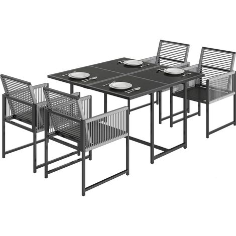 5-teiliges Gartenmöbel-Sitzset: Glastisch mit 4 atmungsaktiven Stühlen, klappbare Rückenlehne, Design aus geflochtenem Seil