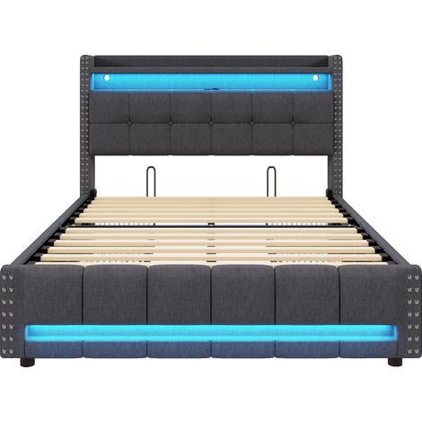 Cama tapizada 160 x 200 cm gris con LED, USB, almacenamiento y 4 cajones HOMVRA (1/5)