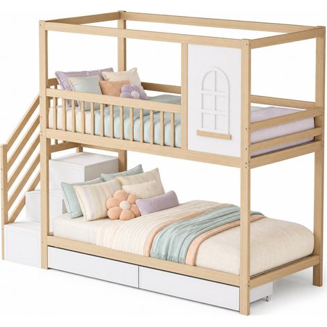 Lit superposé enfant 90 x 200 cm en bois, maison avec fenêtres, échelle sécurisée et rangements intégrés pour chambre gain de place  CHICFURN (1/5)