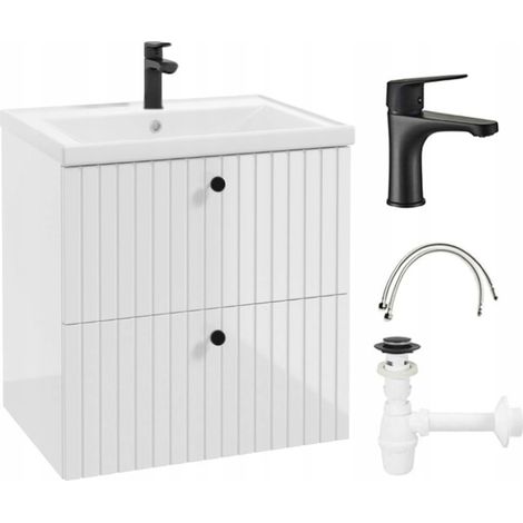 Mueble de baño de láminas con lavabo de 60 cm, conjunto grifo + sifón, blanco Rietti