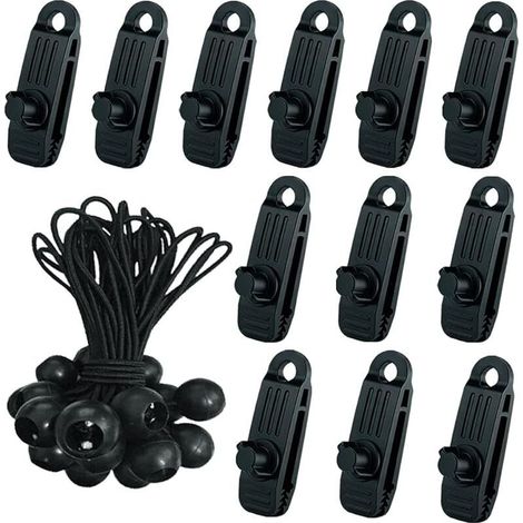24 Pcs Clip de Tente Bâche avec 12x Pince pour bache et 12x Tendeur Corde Elastique, Pince a oeillet pour bache Camping Accessoires pour Tentes, bache Piscine, Bâches, Auvents, Gazebos Tente