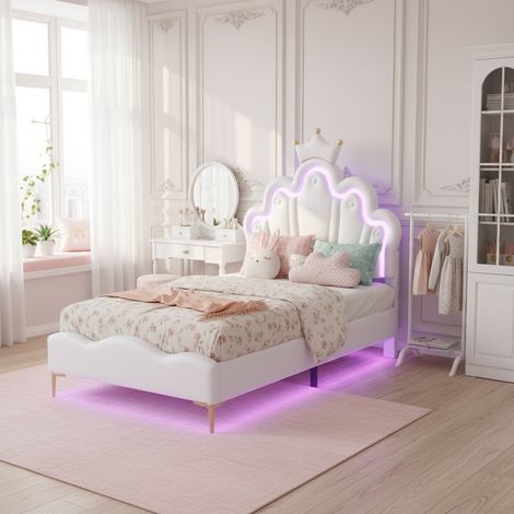 Lit enfant capitonné 90 x 200 cm, lit simple, tête de lit en forme de princesse couronne et avec barre lumineuse LED réglable, lit fille avec sommier à lattes,pour enfants et adolescents, PU,Blanc (1/5)