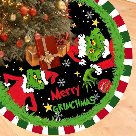 Falda para árbol de Navidad, 120 cm, roja y verde, diseño de monstruo verde, decoración navideña para la temporada festiva, para uso interior y exterior. (1/5)