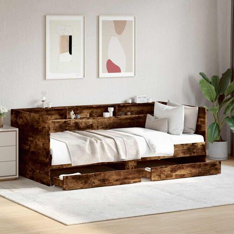 Lit de jour avec 2 tiroirs à roulettes chêne fumé 75 x 190 cm sans matelas - PANGIVO (1/5)