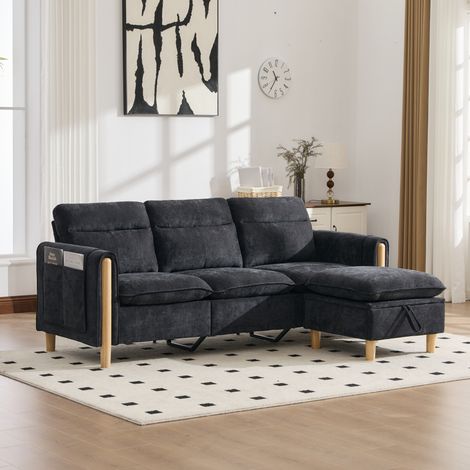 Divano 3 posti in ciniglia con pouf contenitore modulabile, tasche laterali, nero DESVIAE (1/5)