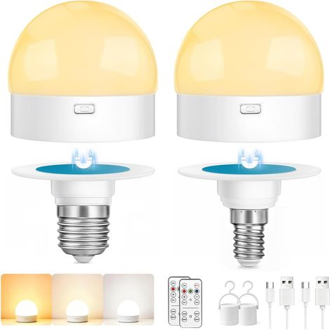 Ampoule LED Rechargeable Avec Télécommande, LED E14/E27 Intensité Variable,Avec Minuterie, 3 Températures de Couleur, Culot Magnétique, Usage Domestique, Lampe de Secours Avec Crochet, lot de 2 (1/5)