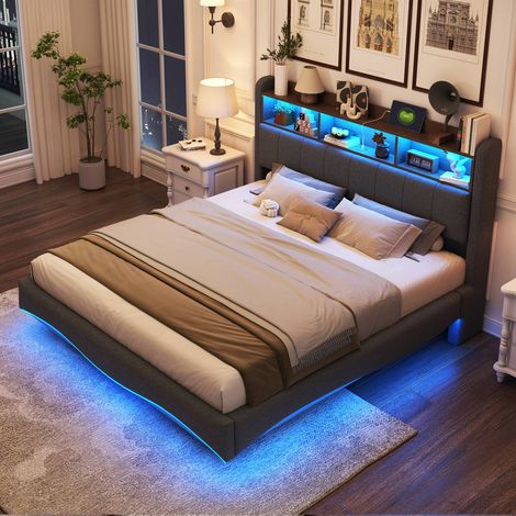Lit double 160x200 cm en tissu gris avec LED, ports USB Type-C et coffre de rangement (1/5)