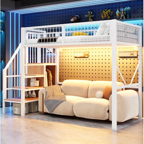 Letto a soppalco 90/200 cm bianco in metallo con LED, scala contenitore e guardaroba (1/5)